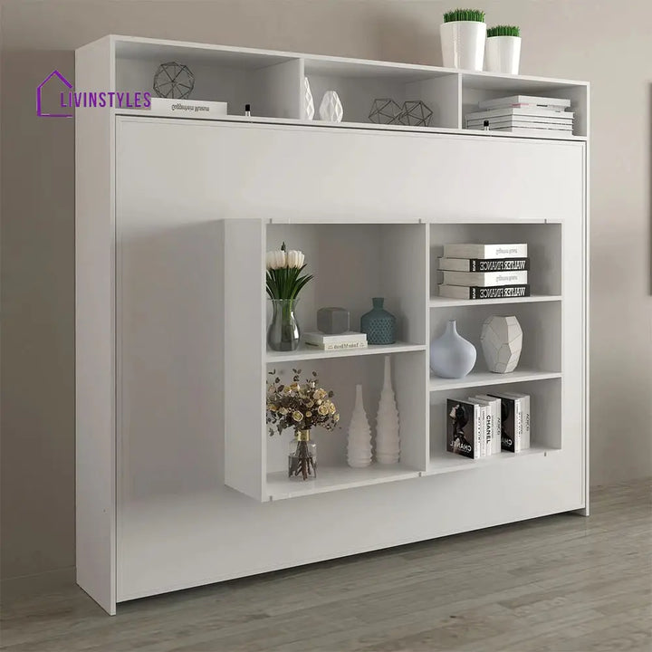 Ira White Finish Wall Mounted Bed with Shelves
