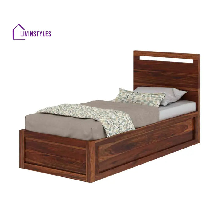 Irene Solid Sheesham Wood Single Bed With Box Storage (Natural Finish) Bed