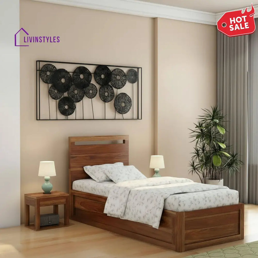 Irene Solid Sheesham Wood Single Bed With Box Storage (Natural Finish) Bed