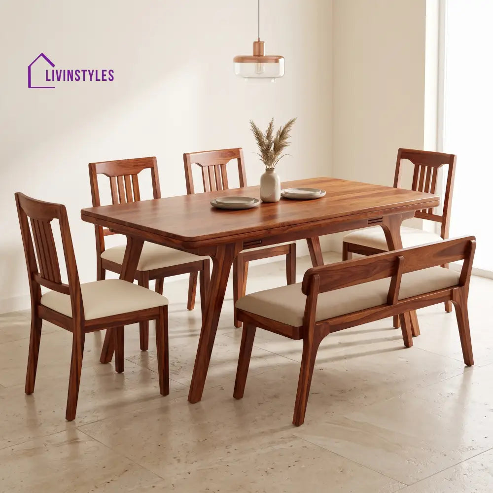 Ireti Wooden 6 Seater Dining Table Set | 4 Chairs and 1 Bench | Table 72 X 36 X 30 Inch