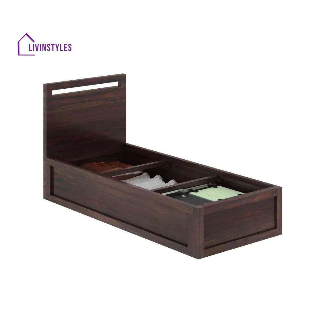 Iria Solid Sheesham Wood Single Bed With Box Storage (Walnut Finish) Bed