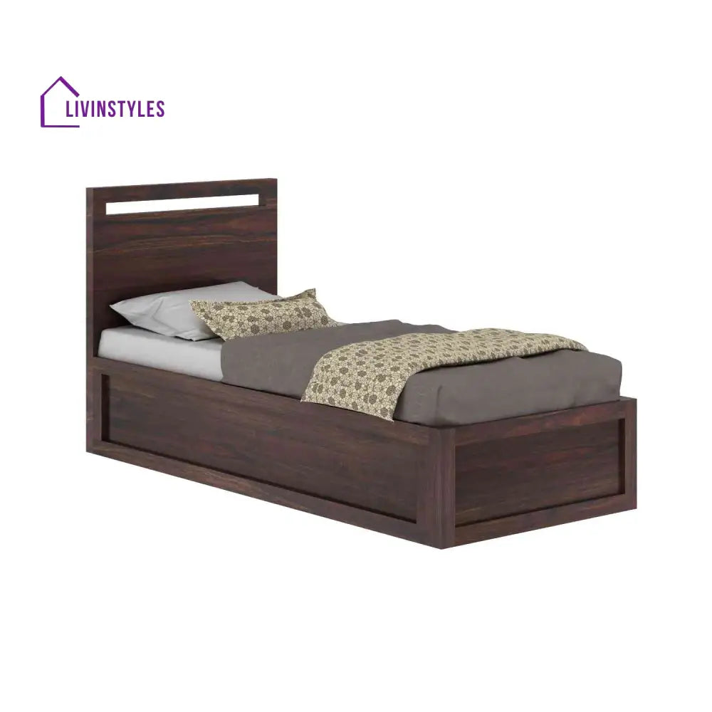 Iria Solid Sheesham Wood Single Bed With Box Storage (Walnut Finish) Bed