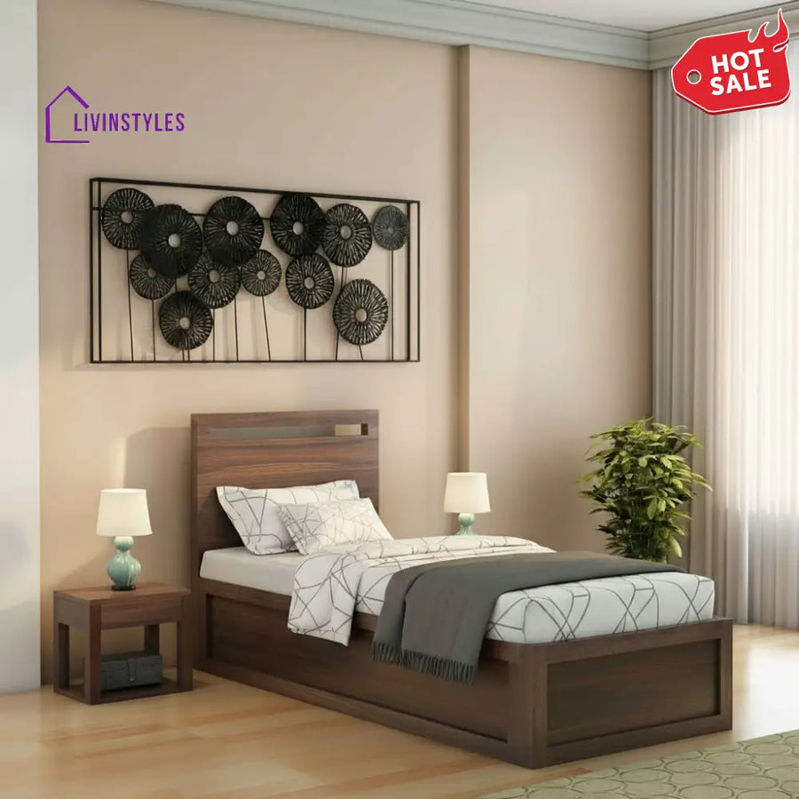 Iria Solid Sheesham Wood Single Bed With Box Storage (Walnut Finish) Bed