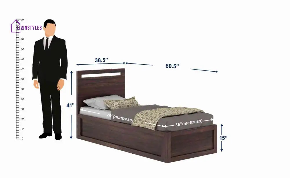 Iria Solid Sheesham Wood Single Bed With Box Storage (Walnut Finish) Bed