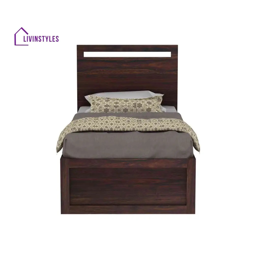 Iria Solid Sheesham Wood Single Bed With Box Storage (Walnut Finish) Bed