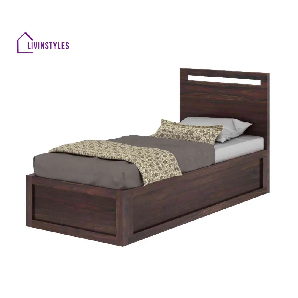 Iria Solid Sheesham Wood Single Bed With Box Storage (Walnut Finish) Bed