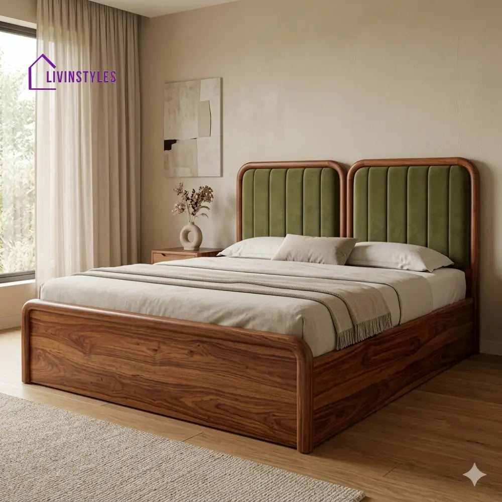 Irina Premium Sheesham Wood Bed with Velvet Headboard