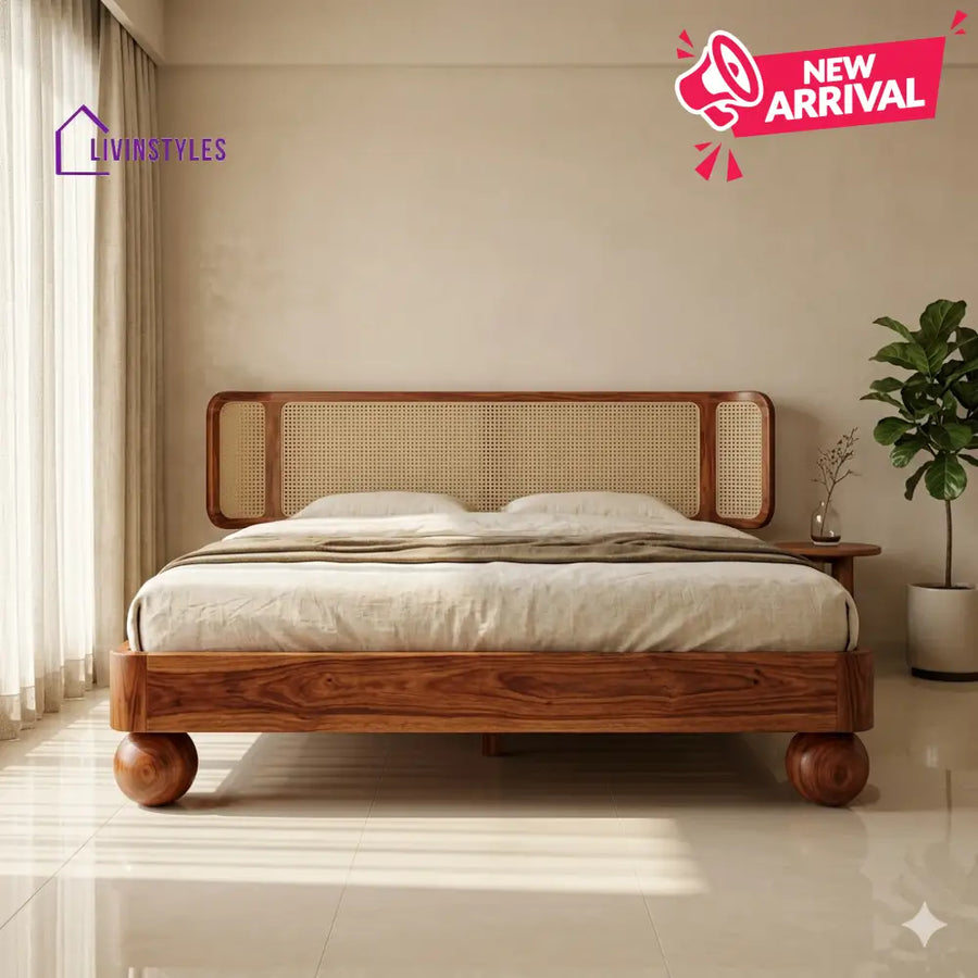 Irina Sheesham Wood Bed with Ball Shaped Legs and Cane Weaving Headboard