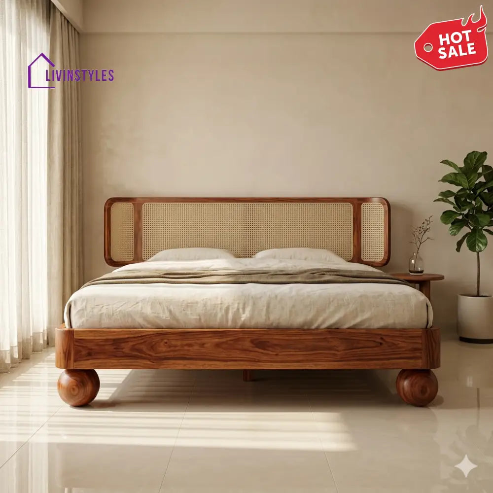 Irina Sheesham Wood Bed with Ball Shaped Legs and Cane Weaving Headboard