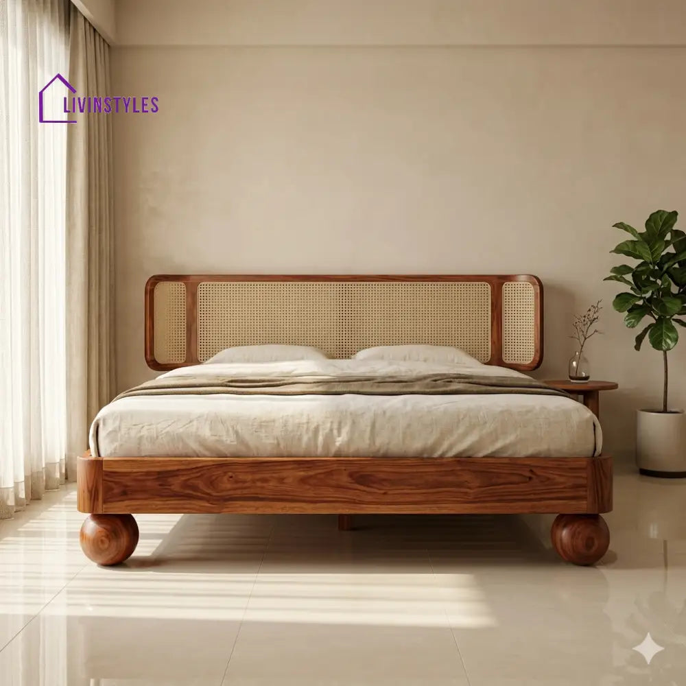 Irina Sheesham Wood Bed with Ball Shaped Legs and Cane Weaving Headboard
