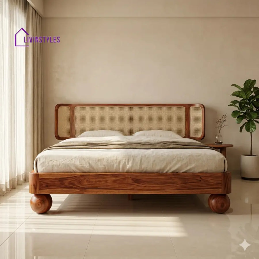 Irina Sheesham Wood Bed with Ball Shaped Legs and Cane Weaving Headboard