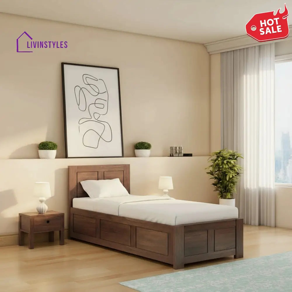 Irma Solid Sheesham Wood Single Bed With Box Storage (Walnut Finish) Bed