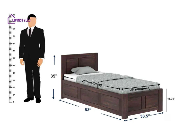 Irma Solid Sheesham Wood Single Bed With Box Storage (Walnut Finish) Bed