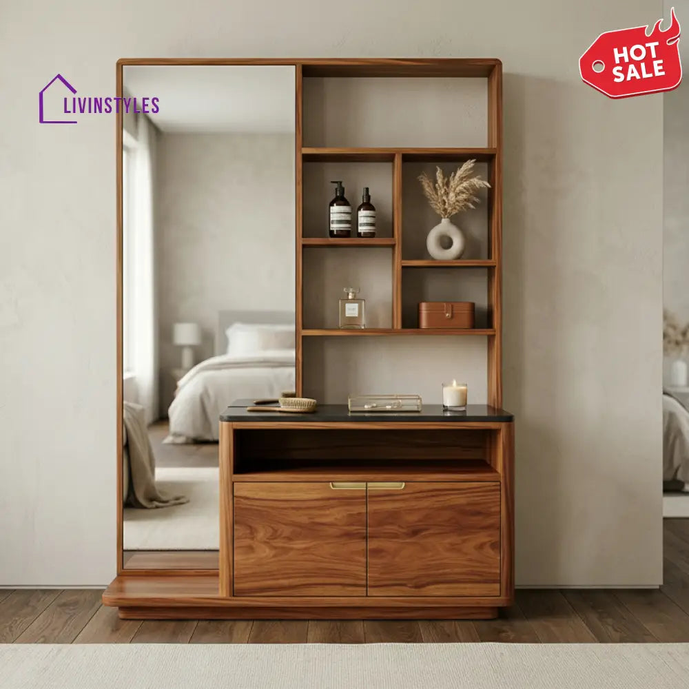Isaac Sheesham Wood Dressing Table with Mirror and Storage (Honey Finish)