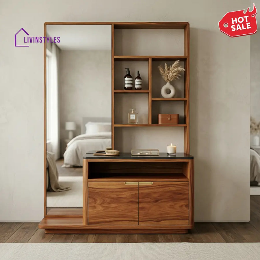 Isaac Sheesham Wood Dressing Table with Mirror and Storage (Honey Finish)