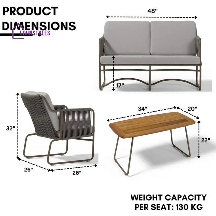 Isabeau Outdoor Rope Loveseat Sofa Set With Wooden Top Table - Sofa Set