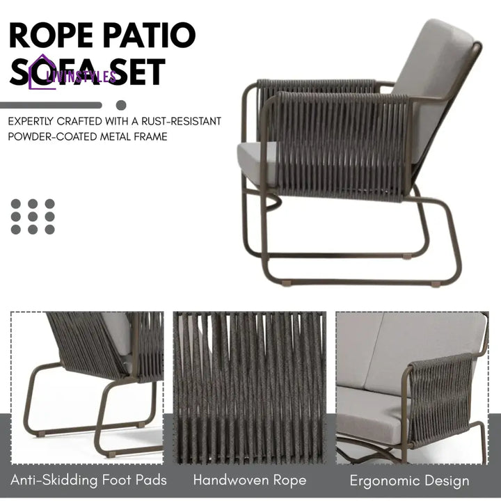 Isabeau Outdoor Rope Loveseat Sofa Set With Wooden Top Table - Sofa Set