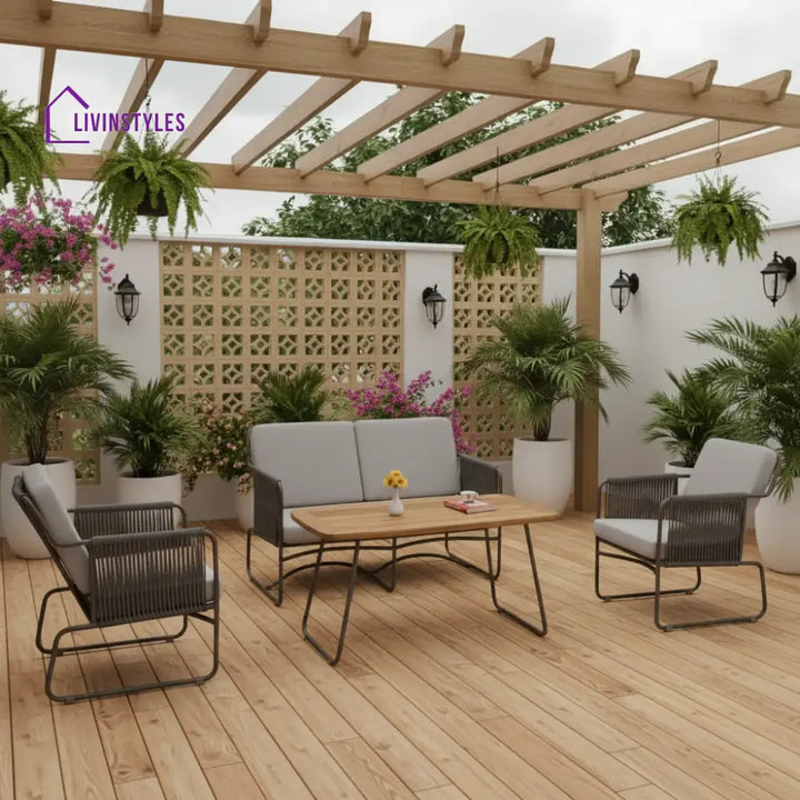 Isabeau Outdoor Rope Loveseat Sofa Set With Wooden Top Table - Sofa Set