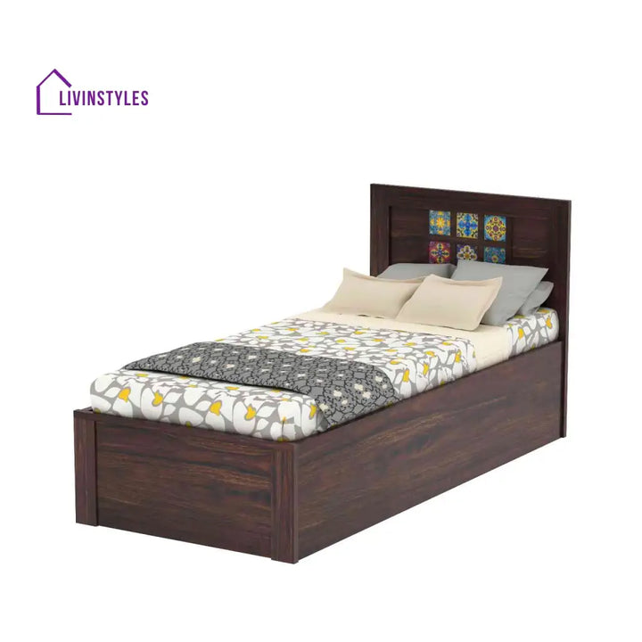 Isabel Solid Sheesham Wood Single Bed With Box Storage (Walnut Finish) Bed