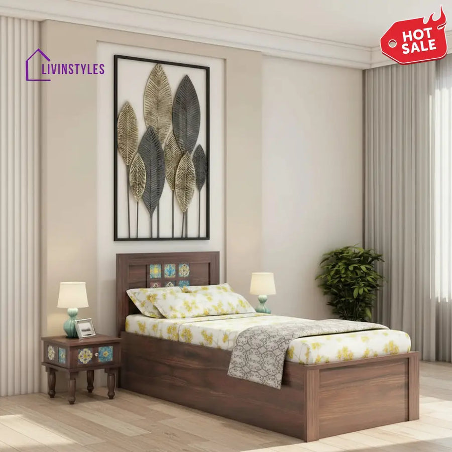 Isabel Solid Sheesham Wood Single Bed With Box Storage (Walnut Finish) Bed