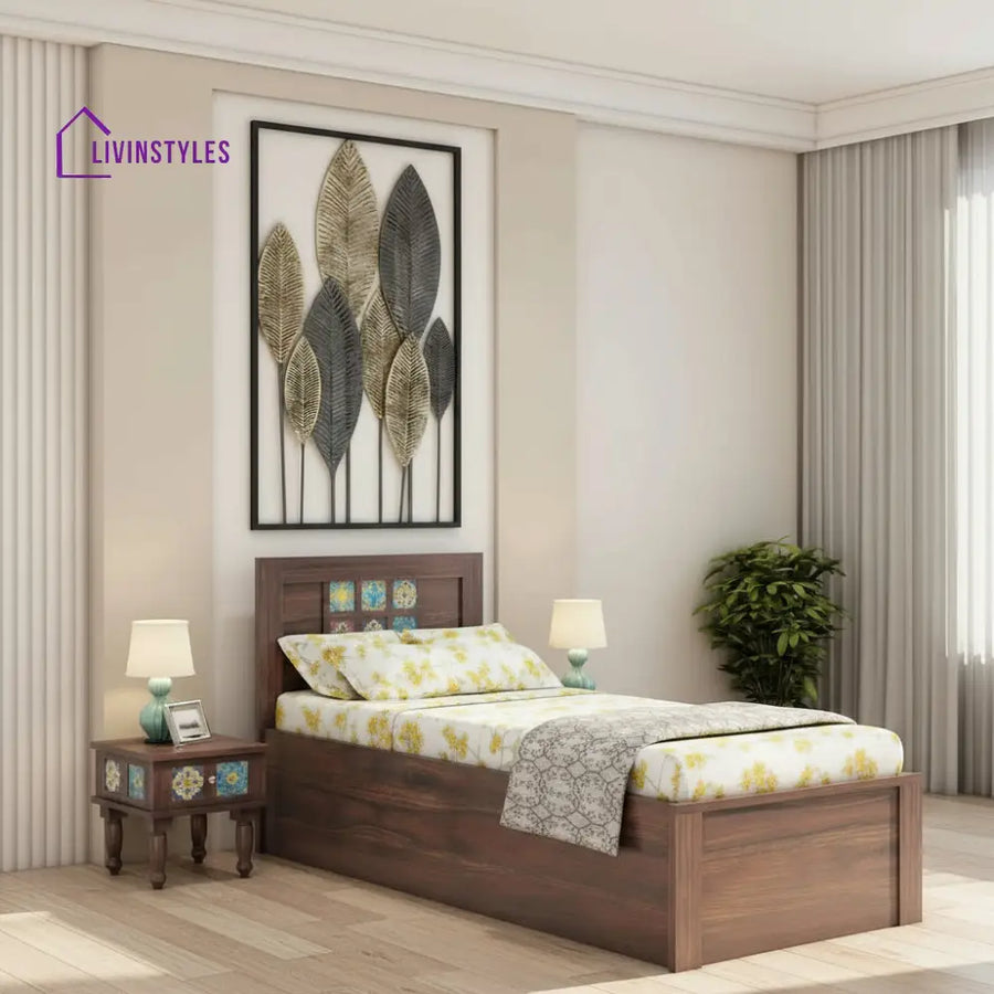 Isabel Solid Sheesham Wood Single Bed With Box Storage (Walnut Finish) Bed