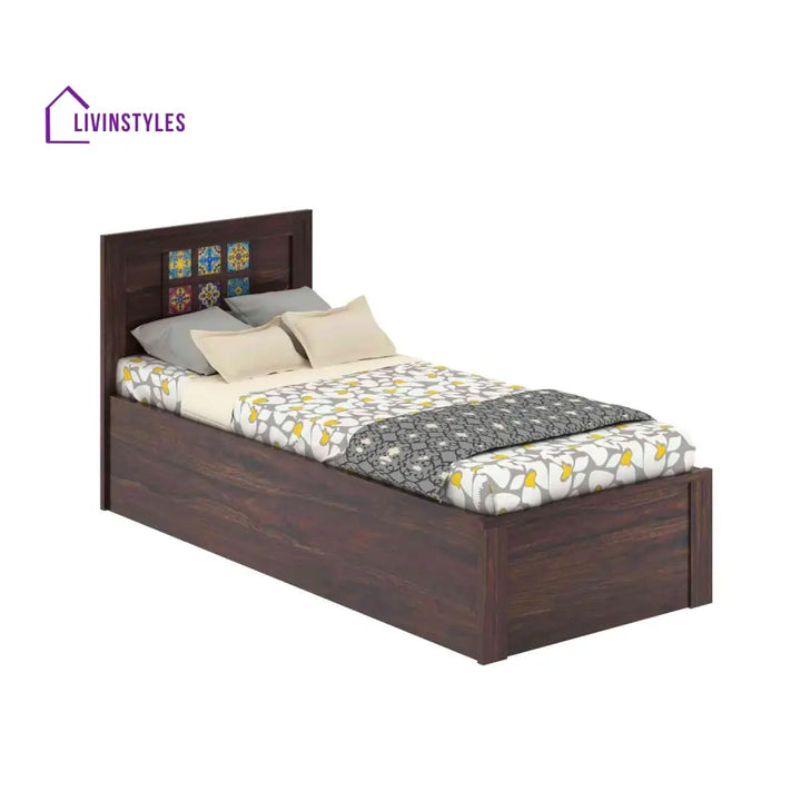 Isabel Solid Sheesham Wood Single Bed With Box Storage (Walnut Finish) Bed