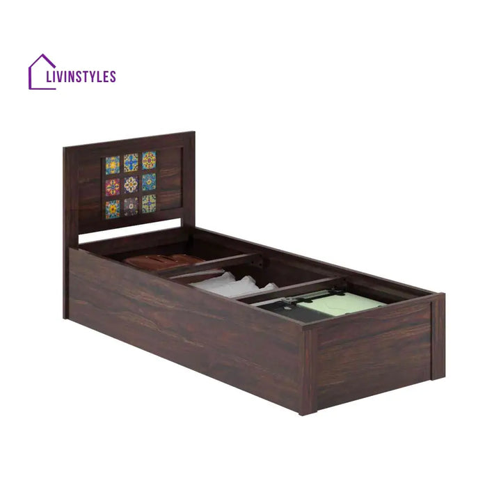 Isabel Solid Sheesham Wood Single Bed With Box Storage (Walnut Finish) Bed