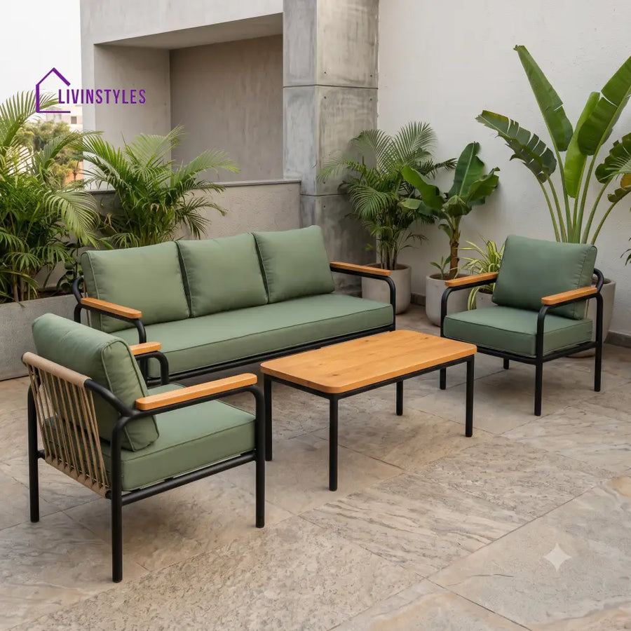 Isaure Metal Frame and Rope Weaving Outdoor Sofa Set 3 + 1 +1 and Coffee Table | Premium Uphostery