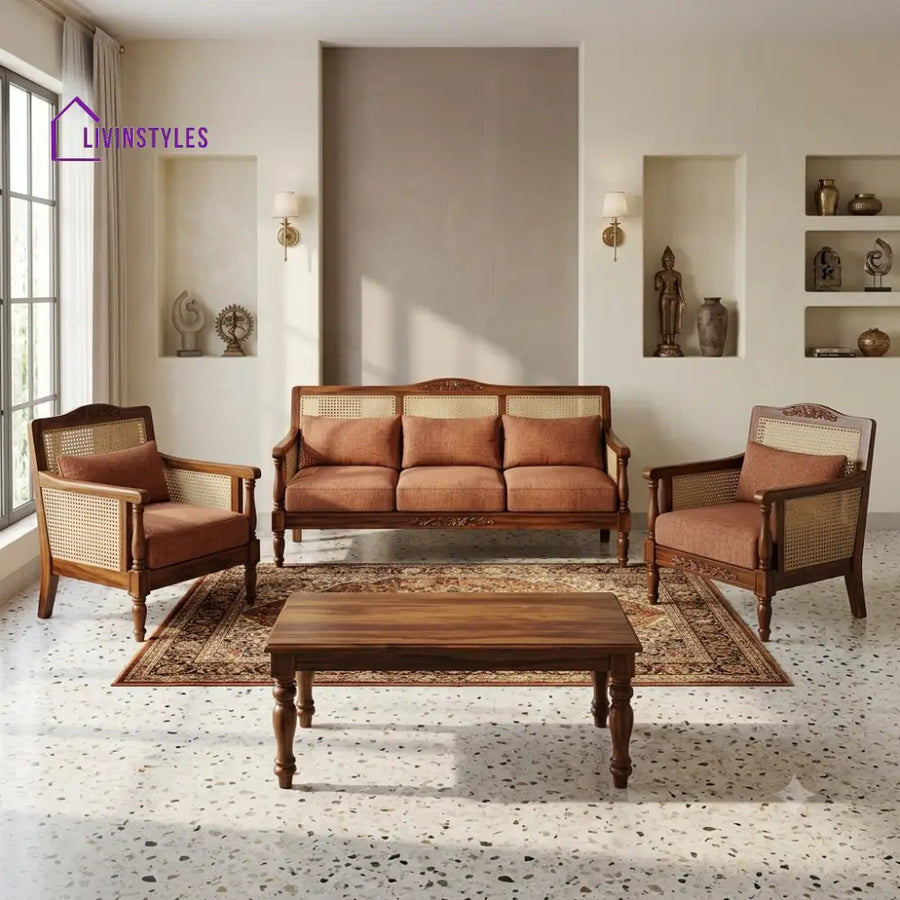 Ishani Wooden Sofa Set | 3 + 1 + 1 Sheesham Wood Sofa Set for Living Room