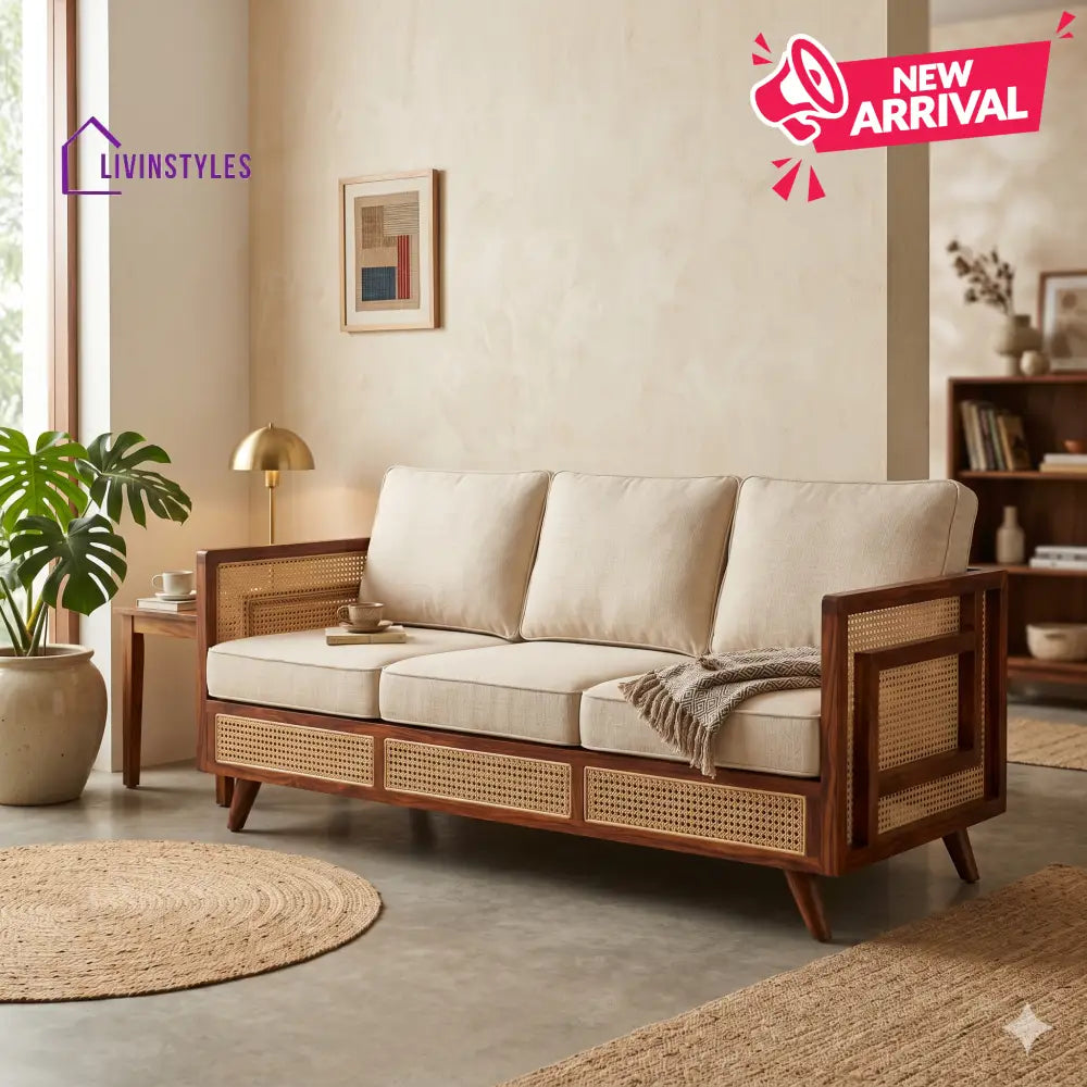 Ishita Sheesham Wood and Cane Sofa for Living Room
