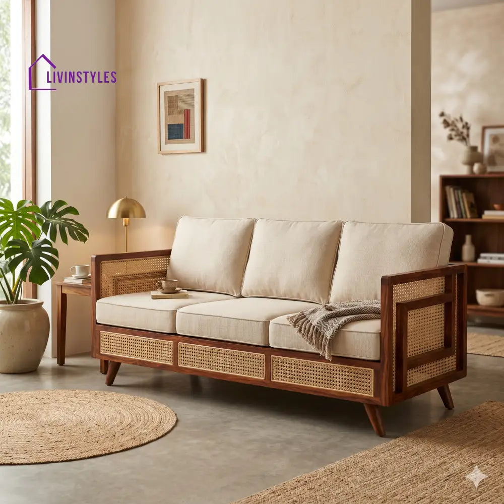 Ishita Sheesham Wood and Cane Sofa for Living Room
