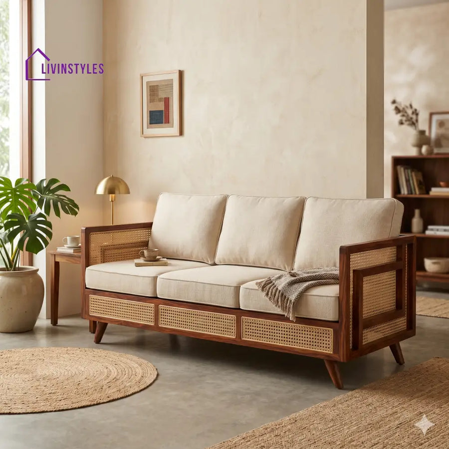 Ishita Sheesham Wood and Cane Sofa for Living Room