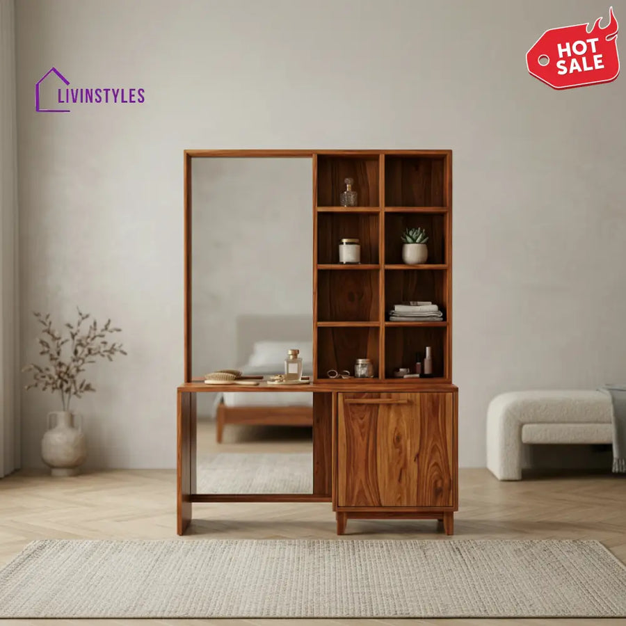 Isla Sheesham Wood Dressing Table with Mirror and Storage (Honey Finish)