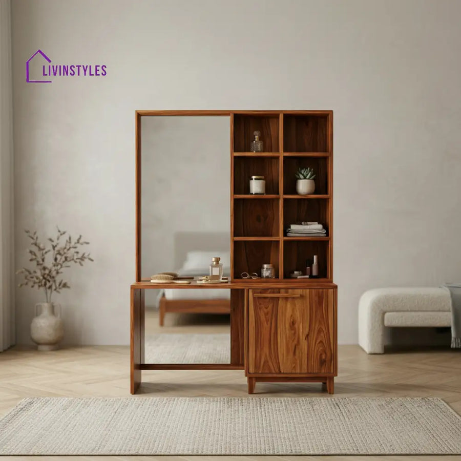 Isla Sheesham Wood Dressing Table with Mirror and Storage (Honey Finish)