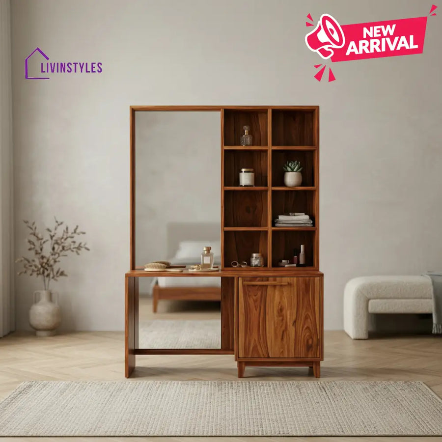 Isla Sheesham Wood Dressing Table with Mirror and Storage (Honey Finish)