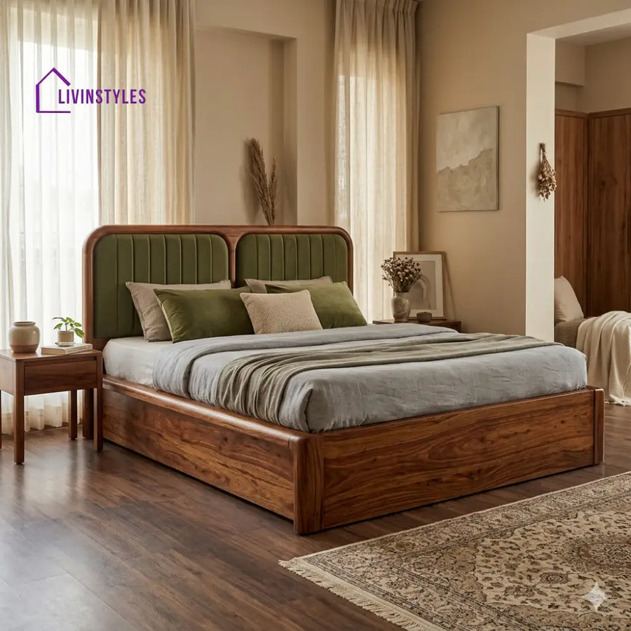 Ivan Premium Sheesham Wood Bed with Velvet Headboard