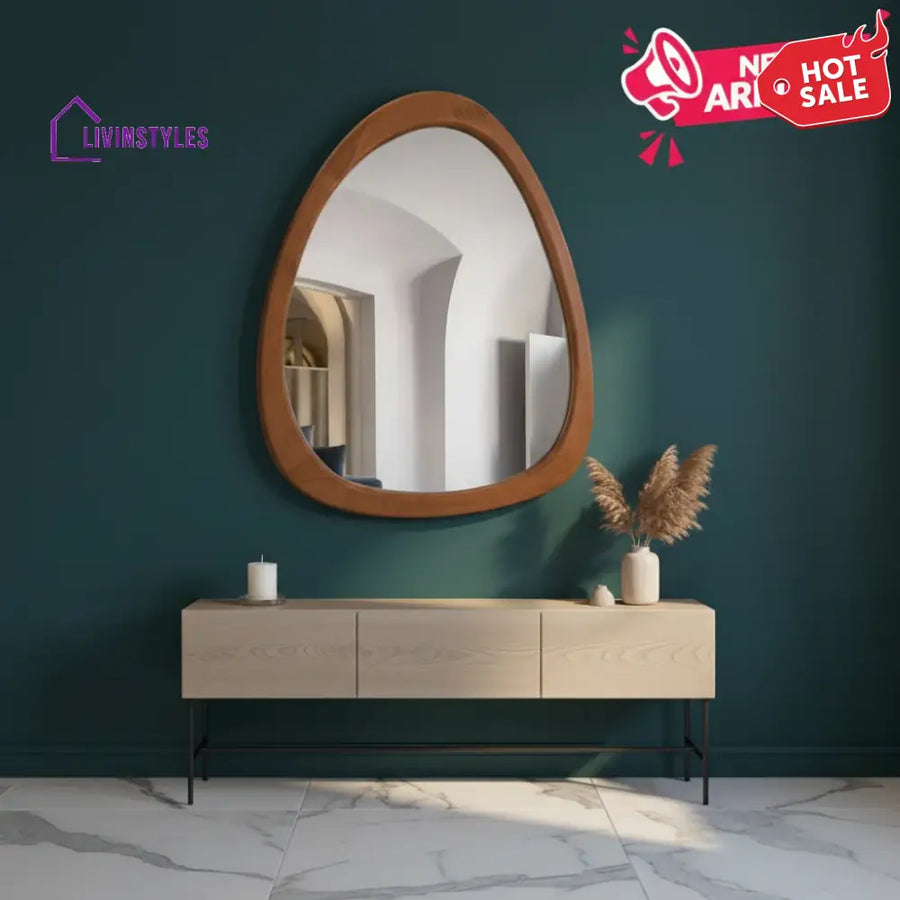 Asymmetrical Wood Wall Mirror - Organic Pebble Shape Mirror for Bathroom Entryway & Living Room - Mid-Century Modern