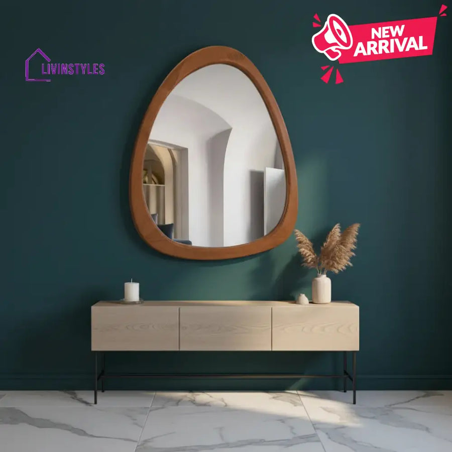 Asymmetrical Wood Wall Mirror - Organic Pebble Shape Mirror for Bathroom Entryway & Living Room - Mid-Century Modern