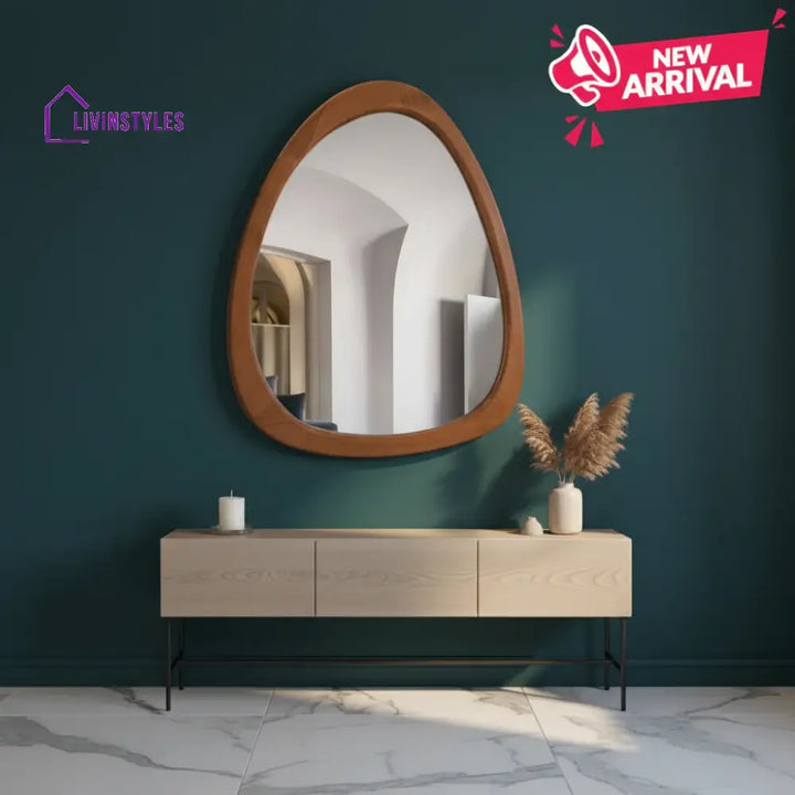 Asymmetrical Wood Wall Mirror - Organic Pebble Shape Mirror for Bathroom Entryway & Living Room - Mid-Century Modern