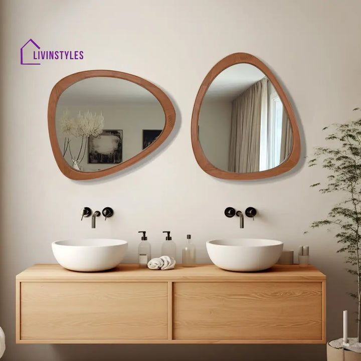 Asymmetrical Wood Wall Mirror - Organic Pebble Shape Mirror for Bathroom Entryway & Living Room - Mid-Century Modern