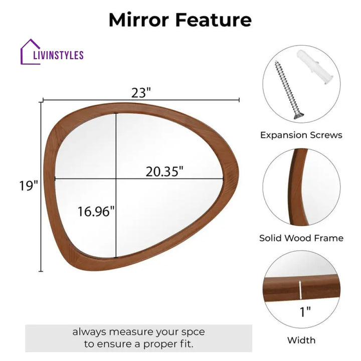 Asymmetrical Wood Wall Mirror - Organic Pebble Shape Mirror for Bathroom Entryway & Living Room - Mid-Century Modern