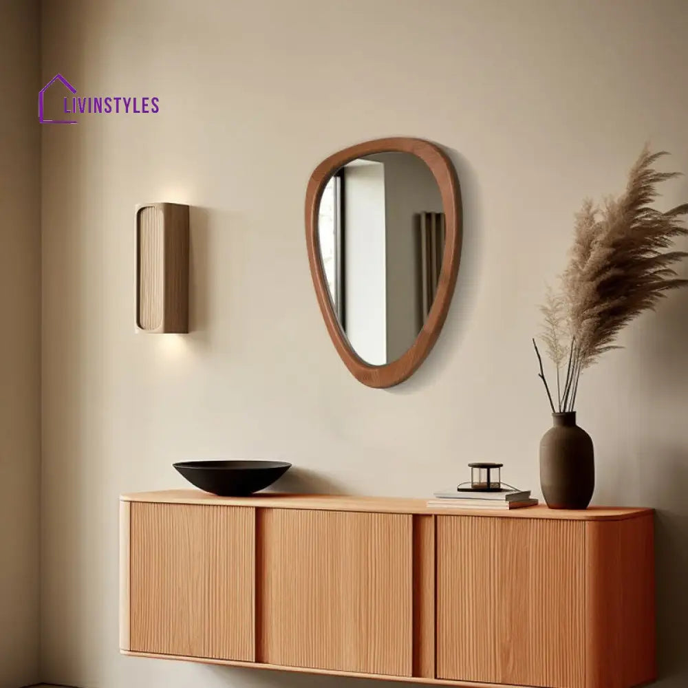 Asymmetrical Wood Wall Mirror - Organic Pebble Shape Mirror for Bathroom Entryway & Living Room - Mid-Century Modern