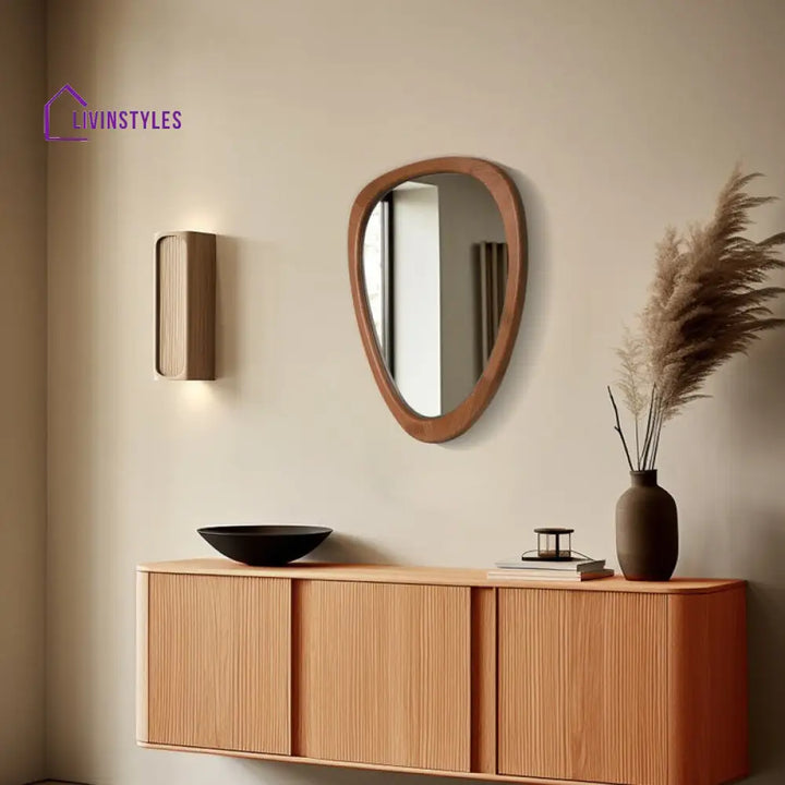 Asymmetrical Wood Wall Mirror - Organic Pebble Shape Mirror for Bathroom Entryway & Living Room - Mid-Century Modern