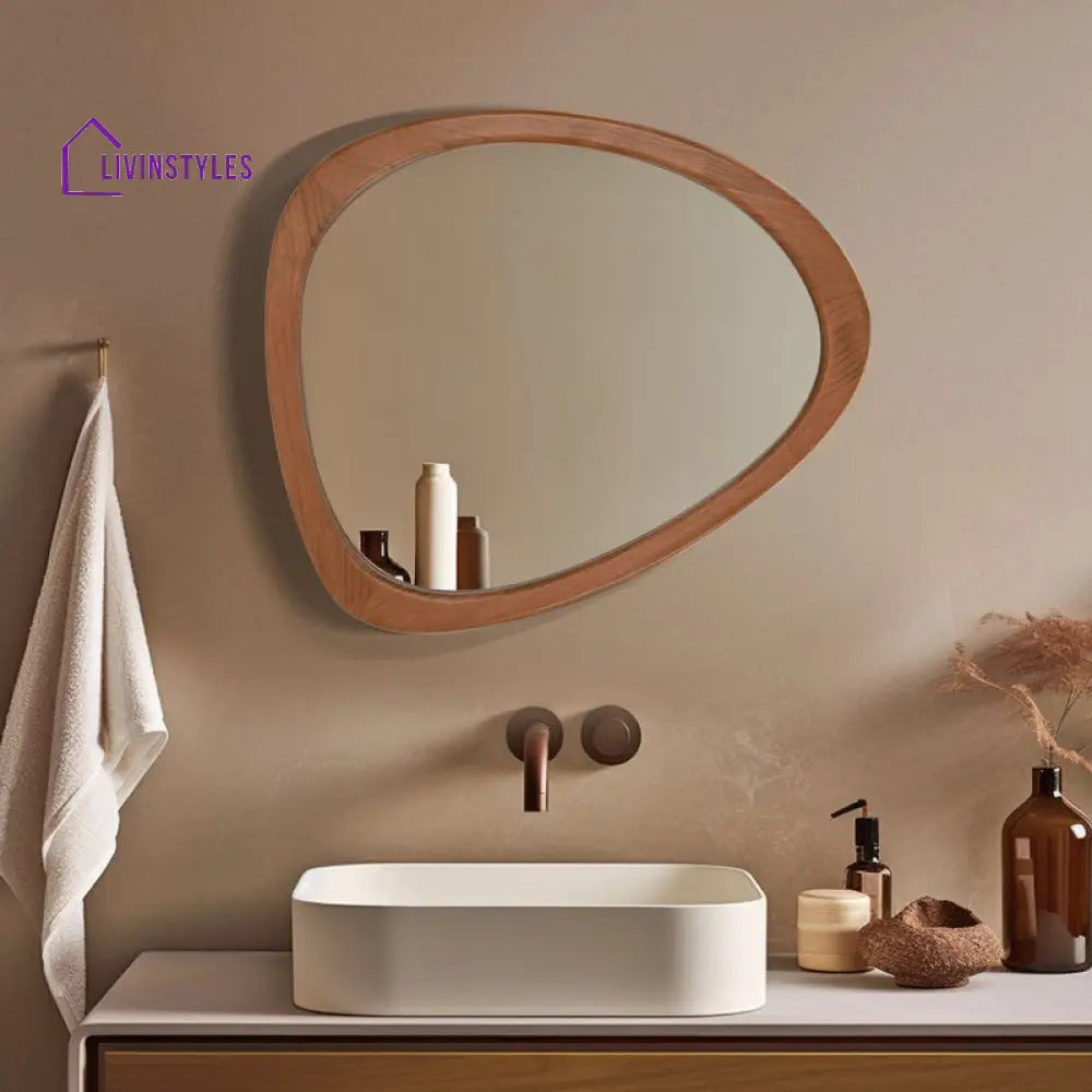 Asymmetrical Wood Wall Mirror - Organic Pebble Shape Mirror for Bathroom Entryway & Living Room - Mid-Century Modern