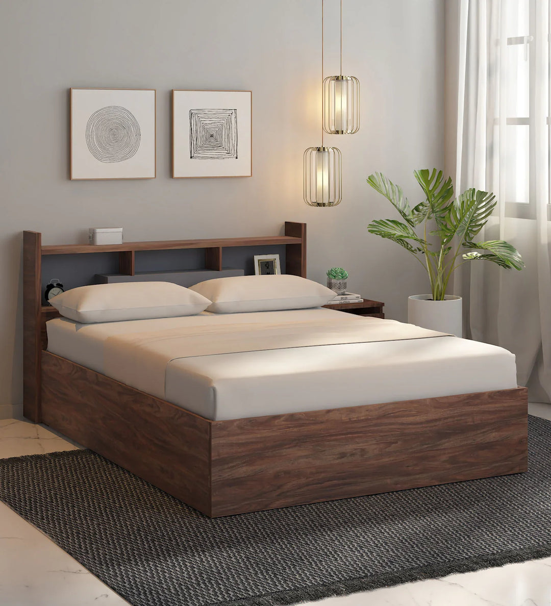 OmkarWood Serenity Queen Bed – Natural Walnut Finish with Box & Headboard Storage