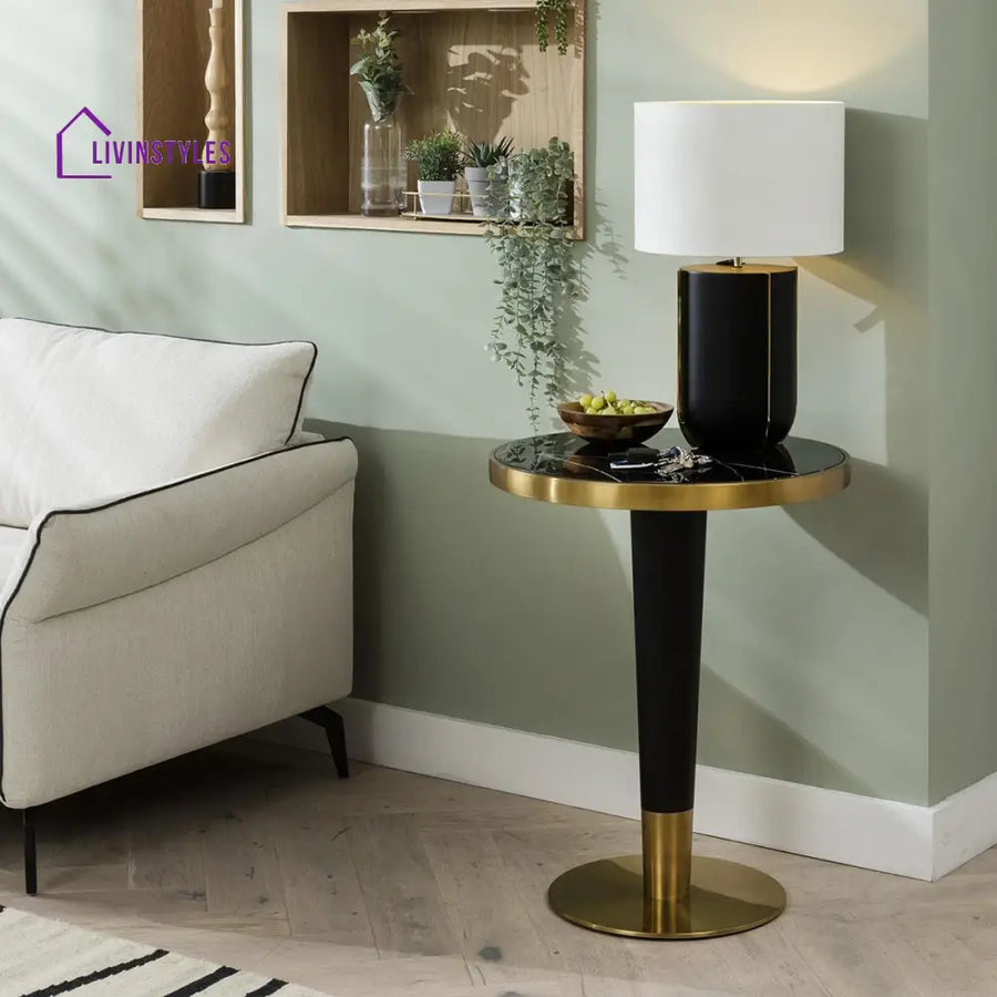 Ivanna Small Round Luxury Hallway Lamp Table - Black Marble & Gold Base Bedroom / Bedside Table
