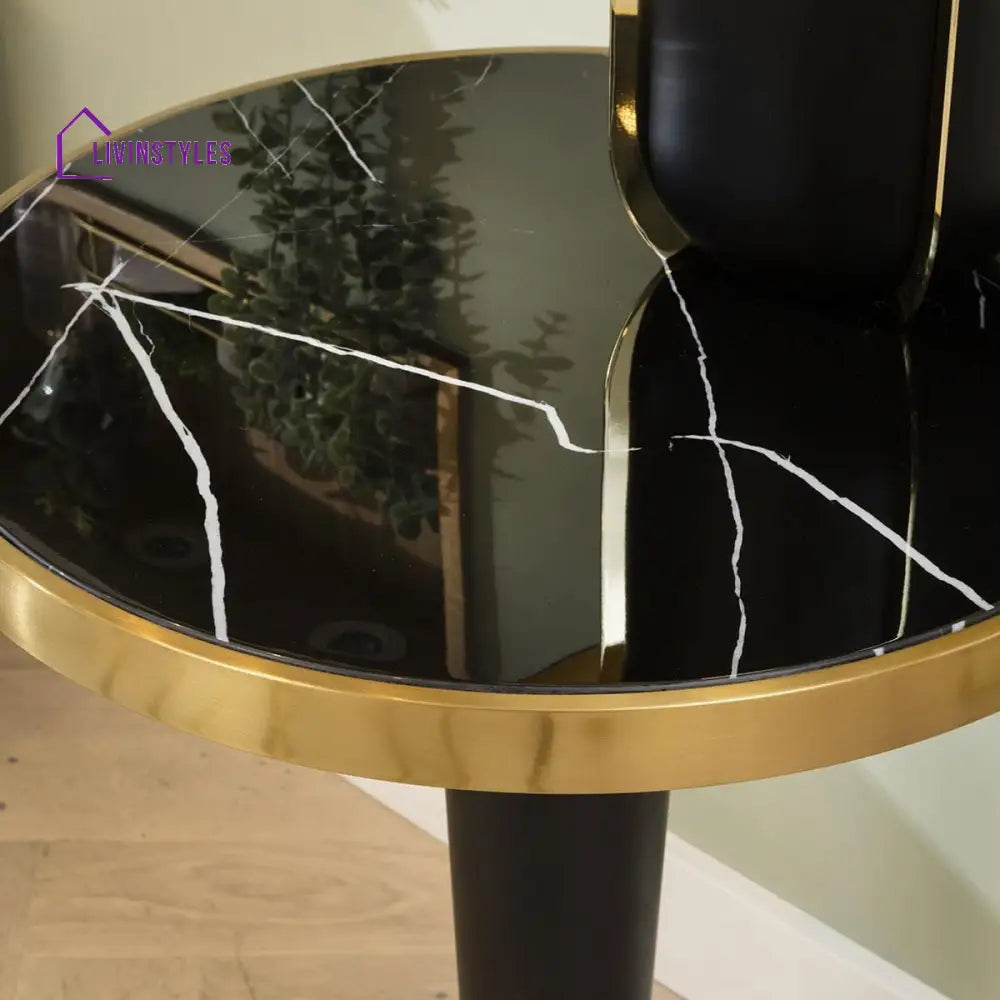 Ivanna Small Round Luxury Hallway Lamp Table - Black Marble & Gold Base Bedroom / Bedside Table