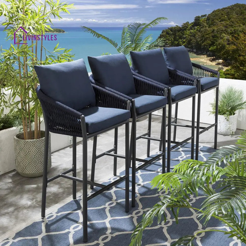 Ivette Outdoor Patio Bar Chair 4 Chairs For Balcony Braided & Rope - Blue - Bar Sets