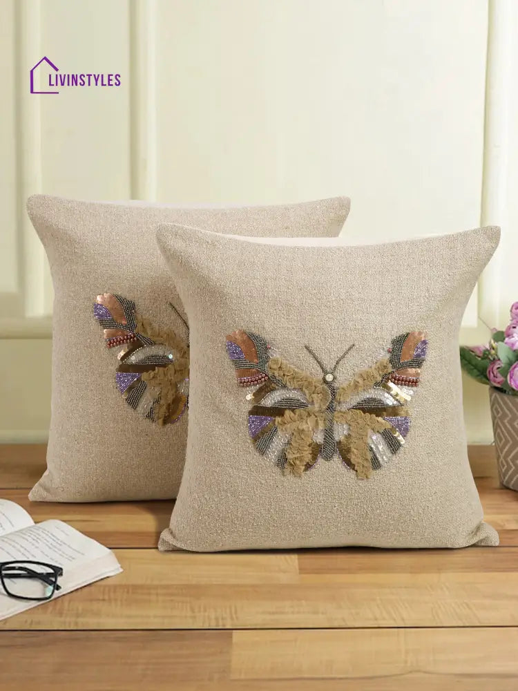 Ivory Color Cotton Hand Work Cushion Cover Set Of 2 (18X18 Inch)
