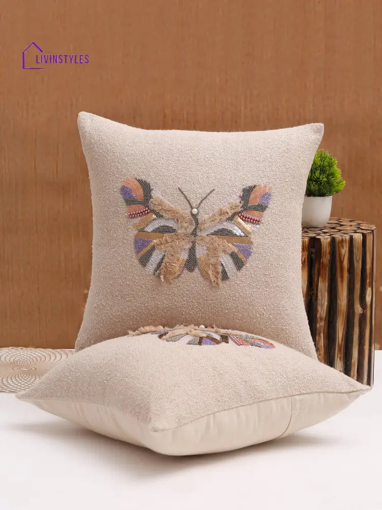 Ivory Color Cotton Hand Work Cushion Cover Set Of 2 (18X18 Inch)